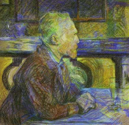 Vincent van Gogh drinking absinthe in a bar. This painting was made by Henri de Toulouse-Lautrec.